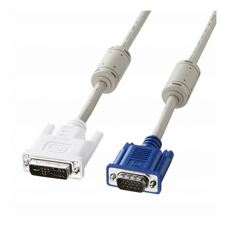 【商品特長】DVI-Aアナログモード用ケーブル。1m。●DVI-A（29pin）ポートを持つパソコンとミニD-sub（HD）15pinコネクタを持つアナログディスプレイまたは、ミニD-sub（HD）15pinポートを持つパソコンとDVI-A（29pin）ポートを持つデジタル・アナログ両対応のディスプレイをアナログモードで接続するケーブルです。●R・G・Bの映像用信号に75Ω同軸ケーブルを使用している複合同軸ケーブルです。ノイズに強く信号損失も極めて少ないので、高解像度モードに対しても画像劣化が極めて少ない高品質なケーブルです。●銅製の高密度編組みシールド材の内側に密閉型のアルミシールド処理を施した二重シールドケーブルで、低域から高域まで、ほとんどのノイズから大切なデータを守ります。●芯線を2本ずつよりあわせたノイズに強いツイストペア線を使用しています。●内部を樹脂モールドで固め、さらに全面シールド処理を施したモールドコネクタなので、外部干渉を防ぎノイズ対策も万全です。耐振動・耐衝撃性にも優れています。●サビにも強く、経年変化による信号劣化の心配が少ない金メッキ処理を施したピン（コンタクト）を使用しています。●高周波ノイズを吸収するフェライトコアをケーブル両端に装着しています。●インテル社とマイクロソフト社が共同で作成したパソコンの規格に基づくPC99ケーブルです。パソコンと周辺機器を正しく接続するためにコネクタが色分けされています。【仕様】■カラー：コネクタ（DVI）/ホワイト（PC99規格適合）コネクタ（ミニD-sub）/ブルー（PC99規格適合）■ケーブル直径：6.4mm■ケーブル長：1m■コネクタ形状：DVI29pinオス（DVI-A）インチネジ（4-40）−ミニD-sub(HD)15pinオスインチネジ（4-40）■ケーブル規格：UL20276■対応モード：DVIアナログモード■特注ロット数500本〜※発注数量が500本より多い場合には特注をお受けすることが可能です。最小ロット数は変動することもありますので事前にご確認ください。価格・納期・仕様などについては、サンワサプライ営業までお問い合わせください。■対応機種：パソコン各社DOS/Vパソコン※DVI-I（29pin）またはミニD-sub（HD)15pinコネクタを持つ機種。ディスプレイ各社DVIディスプレイ※ミニD-sub（HD）15pinコネクタを持つアナログディスプレイまたは、DVI-I（29pin）コネクタを持つデジタル・アナログ兼用ディスプレイアナログモード用。注意※アナログモード用です。※DVIデジタル（シングルリンク、デュアルリンク）モードでは使えません。【代引きについて】こちらの商品は、代引きでの出荷は受け付けておりません。【送料について】北海道、沖縄、離島は送料を頂きます。