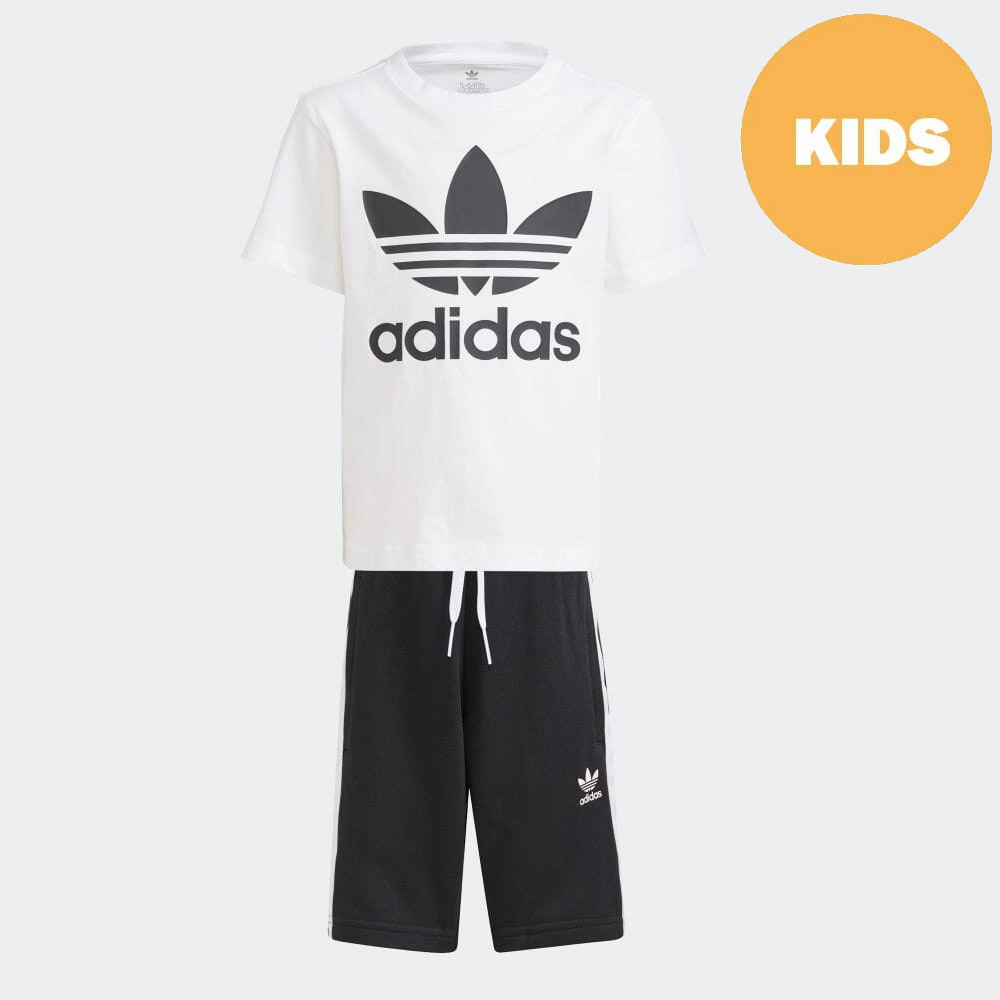 【20%OFFセール】アディダス オリジナルス adidas originals キッズ セットアップ アディカラー ショーツ & Tシャツ セット 上下セット 半袖 ハーフパンツ ジャージ トレーニングウェア 子供用 女の子 男の子 ロゴ マーク 三本線 ブラック 黒 110cm 120cm 130cm GP0194