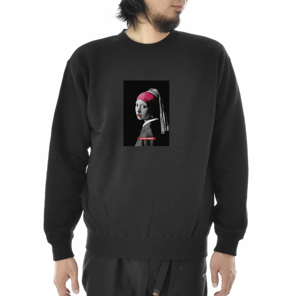 【アートトレーナー】ヨハネス・フェルメール トレーナー 真珠の耳飾りの少女 モノクロレッド Life is ART ライフ イズ アート スウェットトレーナー スエットトレーナー メンズ レディース 大きいサイズ ビック 絵画 名画 S M L XL XXL ブラック 黒【S47_01】