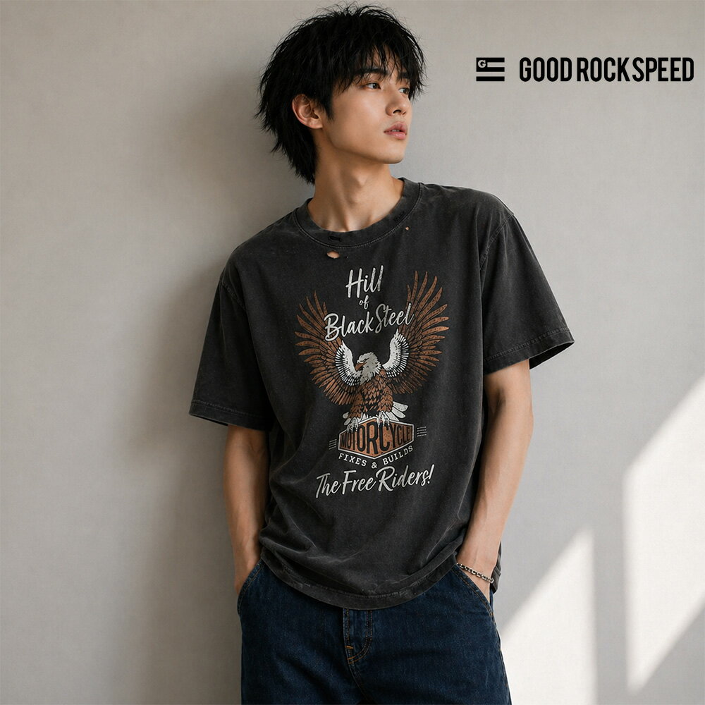 Rakuten - ヴィンテージ加工 Tシャツ ブラック スティール ディストレスト 半袖Tシャツ BLACK STEEL Distressed Print T-Shirt 26ORG005W【アメリカンイーグル アメカジ バイカー ハーレー プリントTシャツ ビンテージ 古着風 ティーシャツ グッドロックスピード GOOD ROCK SPEED】