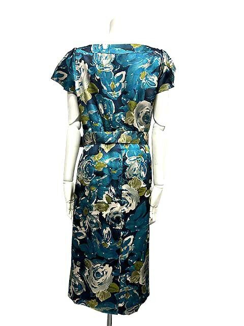 【中古】LAURA ASHLEY ローラアシュレイ ワンピース レディース ブルーグリーン系 花柄 ベルト付き 光沢 13号