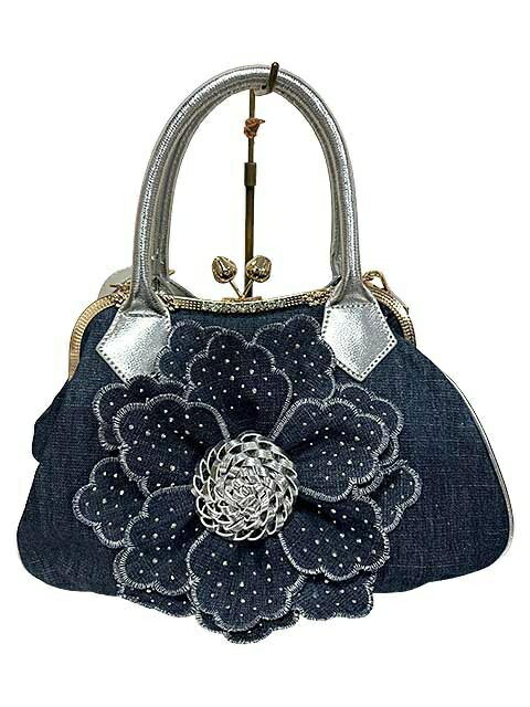 樂天商城 - 【中古】バッグ 2WAY デニムハンドバッグ デニムサッチェル がま口 花 ラインスローン