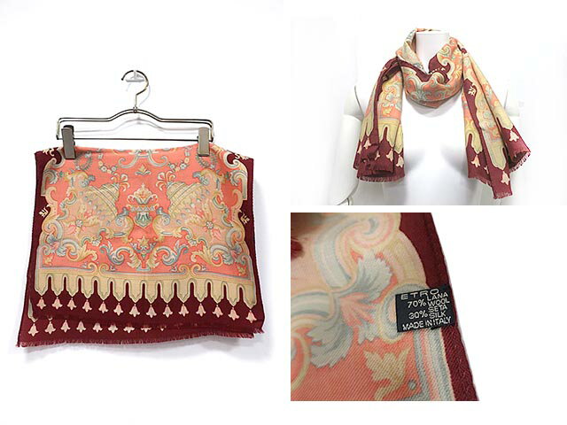 【中古】ETRO エトロ 小物 ストール ウール シルク ペイズリー オレンジ ブラウン