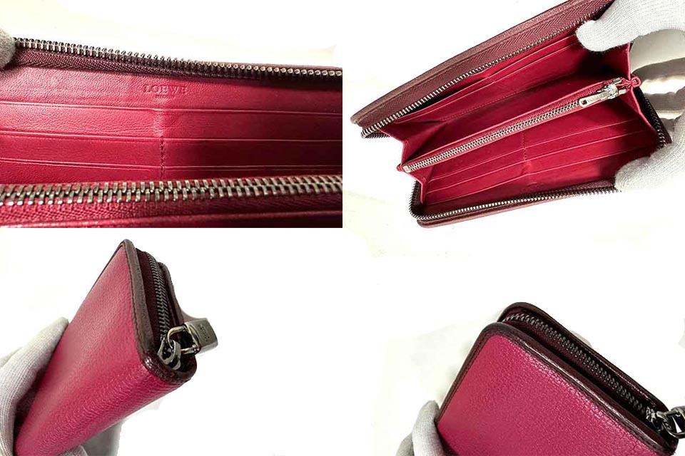 【中古】LOEWE ロエベ　小物 長財布　ワインレッド　本革　ラウンドファスナー