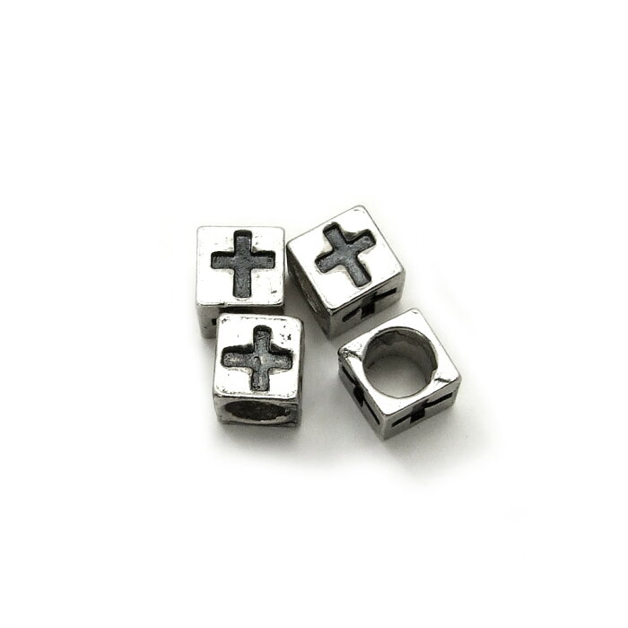 4ヶ入【 メタルブロックビーズ(十字架)　7×7mm Ni/シルバー】アクセサリーパーツ/メタルビーズ/ビーズ/ネックレス/ブレスレット/メンズ/金属/ビーズ/素材/材料/四角/銀色