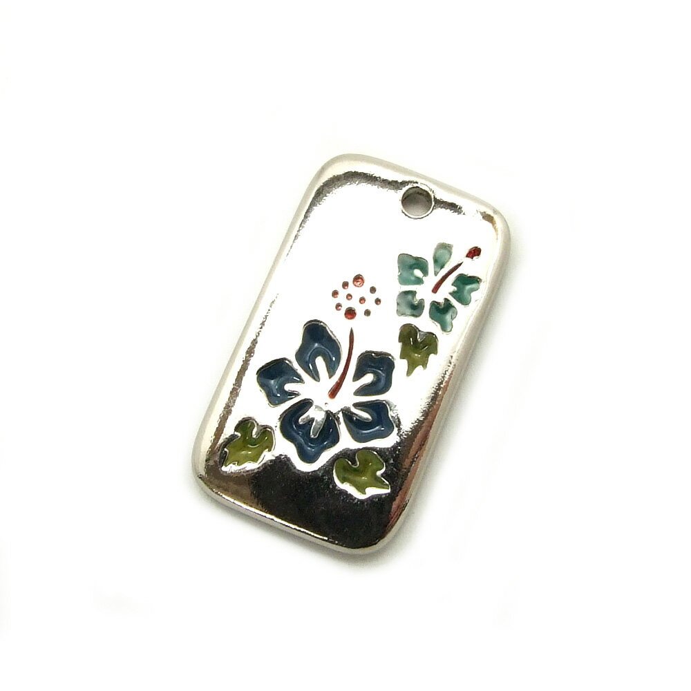 1ヶ入【樹脂ハイビスカスメタルプレート (ブルー&グリーン)】アクセサリーパーツ/ペンダントトップ/メタル/金属/樹脂/メンズ/レディース/トップ/ヘッド/手作...