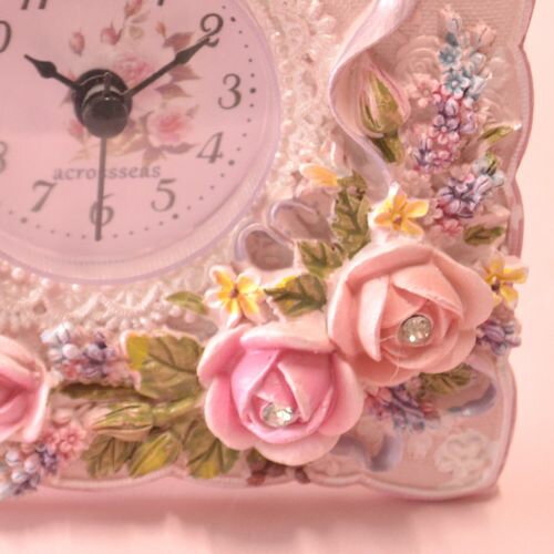 静音タイプ 置時計 ピンク・アイボリーから選択可 バラの立体装飾が可愛い エレガント ローズ インテリア 卓上 静か 花柄 姫系 プレゼントにも LCD-7209 [2]