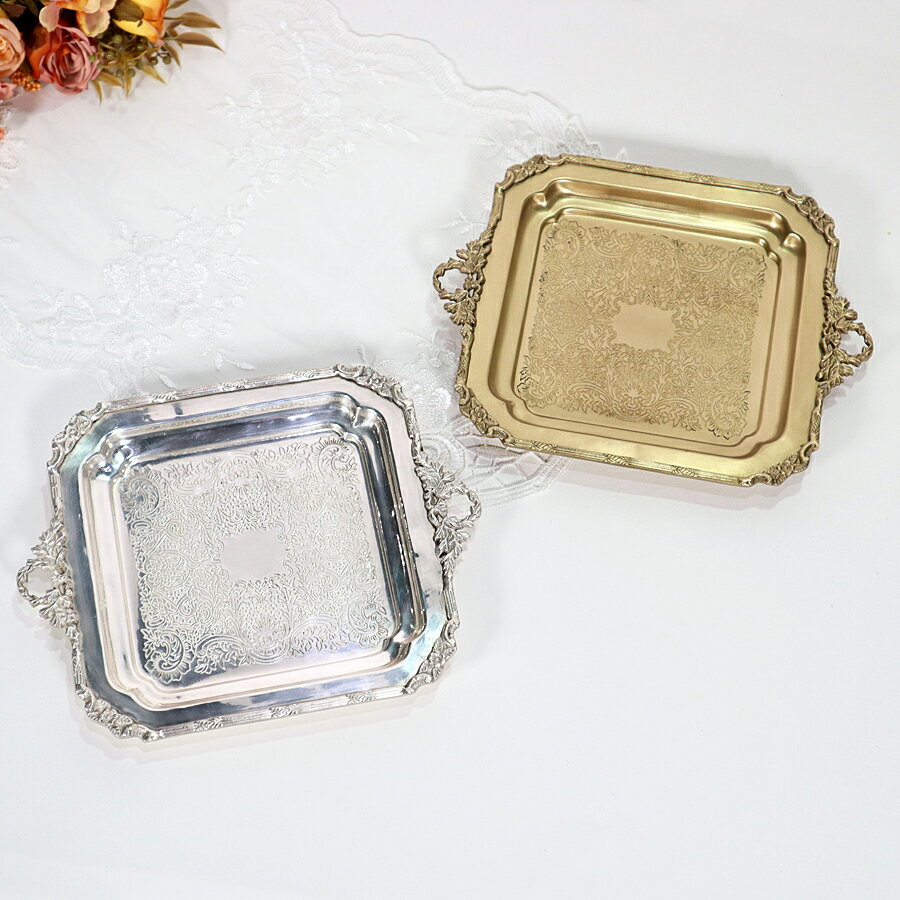 真鍮製 アンティーク スクエアトレイゴールド シルバー クラシック シンプル トレー インテリア ディスプレイ オブジェ ショップ ギフト プレゼント おしゃれ...
