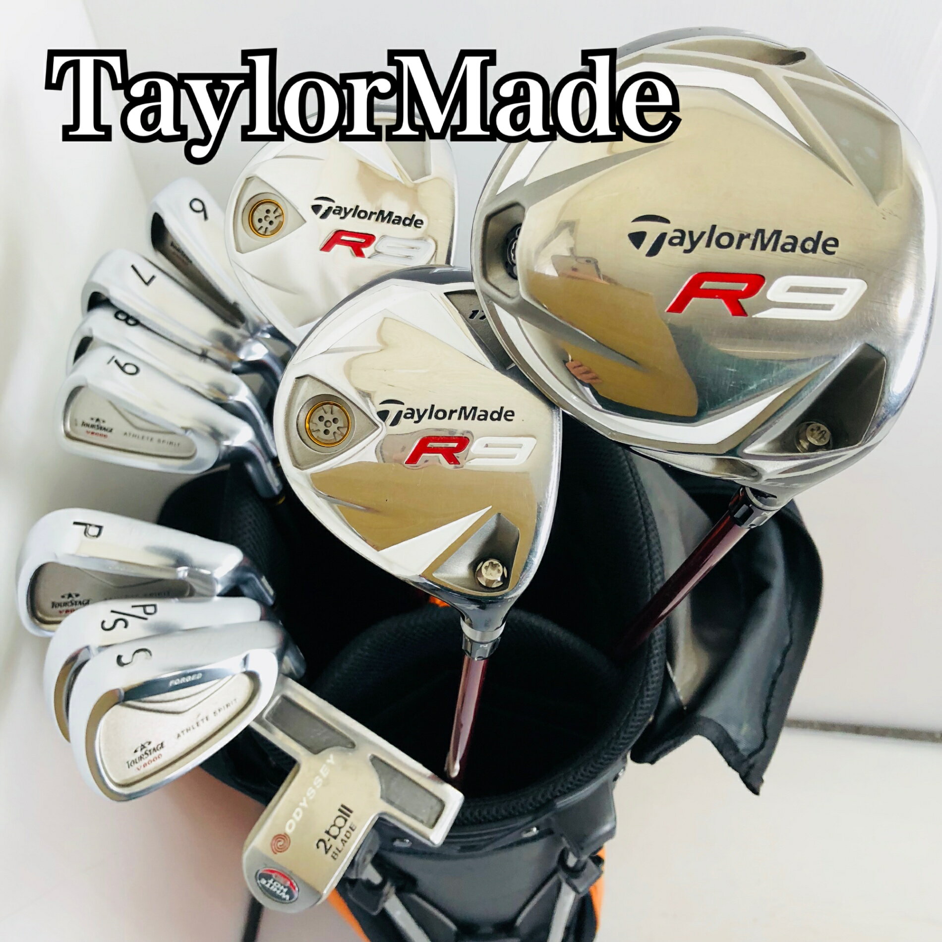 クラブはクリーニング済 初心者向けセット パター付き ●メーカー TaylorMade テーラーメイド BRIDGESTONE ブリヂストン ODYSSEY オデッセイ ●モデル R9 TOURSTAGE V8000 ツアーステージ 2-ball BLADE ブレード 番手：1W、4W、7W、6〜9I、PW、P/S、SW、PT 計11本 硬さ/フレックス:ウッド系→SR アイアン→S 性別:男性メンズ 利き腕：右利き ・キャディバッグ メーカー: テーラーメイド スタンドタイプ 中古品ですので、劣化、傷汚れはこざいますが、まだまだお使いいただけます。 ※画像にある物が全てです。 ●状態 通常使用に伴うスレ傷はございますが、まだまだお使いいただけます。 グリップはそのままお使いいただけますがが気になるようでしたら交換してお使いください。 簡易クリーニング済み ※あくまでUsed品になりますので細かな傷、汚れはございます。画像にてご確認ください。 ★確認必須事項★ ※商品状態の感じ方には個人差がありますので、“中古品”という事をご理解いただき、神経質な方のご購入はご遠慮ください。 ※基本発送日は月、水、金曜日になります。 祝日等でイレギュラーが発生することもございます。 81Y-90-00001