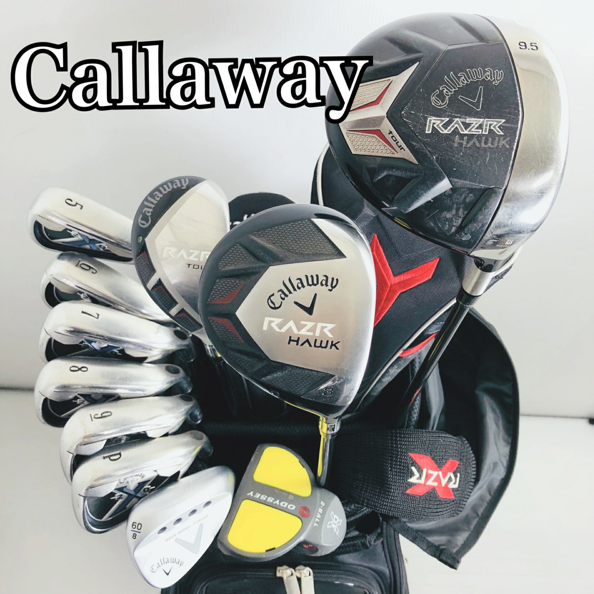 クラブはクリーニング済 初心者向けセット パター付き ●メーカー Callaway キャロウェイ ODYSSEY オデッセイ ●モデル　 RAZR HAWK レーザーホーク RAZR TOUR ツアー X20 MACK DADDY-FORGED マックダディ フォージド DFX 2Ball 2ボール 番手：1W、3W、3UT、5〜9I、PW、60°、PT 計11本 硬さ/フレックス:S 性別:男性メンズ 利き腕：右利き ・キャディバッグ メーカー: TaylorMade テーラーメイド カートタイプ フードにひっかけキズ穴がございます。 中古品ですので合皮の劣化、傷汚れはこざいますが、まだまだお使いいただけます。 ヘッドカバー4つ付属 劣化しております。 ※画像にある物が全てです。 ●状態 通常使用に伴うスレ傷はございますが、まだまだお使いいただけます。 グリップはそのままお使いいただけますがが気になるようでしたら交換してお使いください。 簡易クリーニング済み ※あくまでUsed品になりますので細かな傷、汚れはございます。画像にてご確認ください。 ★確認必須事項★ ※商品状態の感じ方には個人差がありますので、“中古品”という事をご理解いただき、神経質な方のご購入はご遠慮ください。 ※基本発送日は月、水、金曜日になります。 祝日等でイレギュラーが発生することもございます。 81Y-76-00001