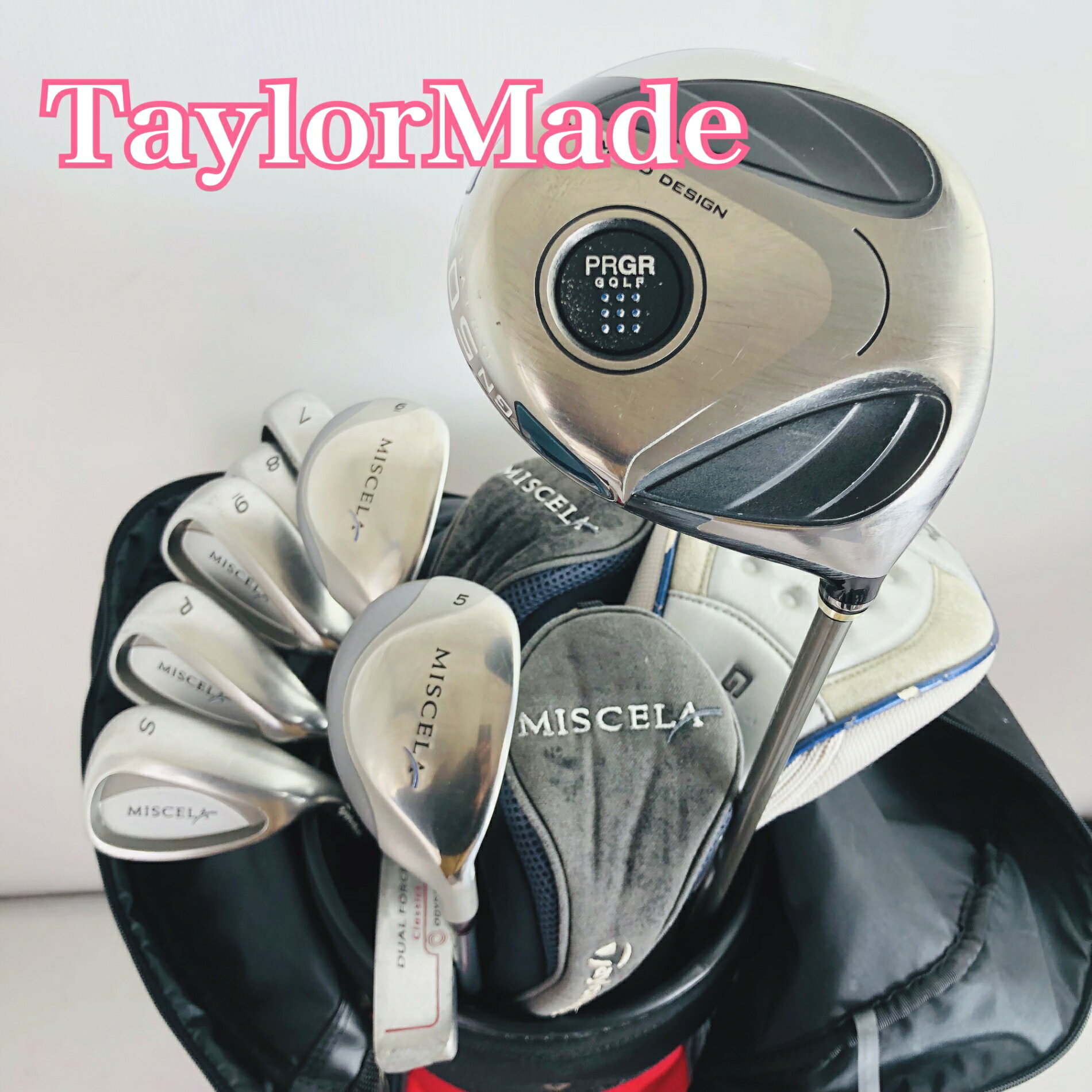 クラブはクリーニング済 レディース初心者向けセット パター付き ●メーカー PRGR プロギア TaylorMade テーラーメイド ODYSSEY オデッセイ ●モデル GN502 MISCELA ミセラ DUAL FORCE Classics デュアルフォースクラシック 番手：1W、5UT、6UT、7.8.9I、PW、SW、PT 計9本 硬さ/フレックス:L 性別:女性レディース 利き腕：右利き ・キャディバッグ メーカー: Reebok リーボック カートタイプ 中古品ですので傷汚れはこざいますが、まだまだお使いいただけます。 ヘッドカバー3つ付属 劣化しております。 ※画像にある物が全てです。 ●状態 通常使用に伴うスレ傷はございますが、まだまだお使いいただけます。 グリップはそのままお使いいただけますがが気になるようでしたら交換してお使いください。 簡易クリーニング済み ※あくまでUsed品になりますので細かな傷、汚れはございます。画像にてご確認ください。 ★確認必須事項★ ※商品状態の感じ方には個人差がありますので、“中古品”という事をご理解いただき、神経質な方のご購入はご遠慮ください。 ※基本発送日は月、水、金曜日になります。 祝日等でイレギュラーが発生することもございます。 81Y-117-00001