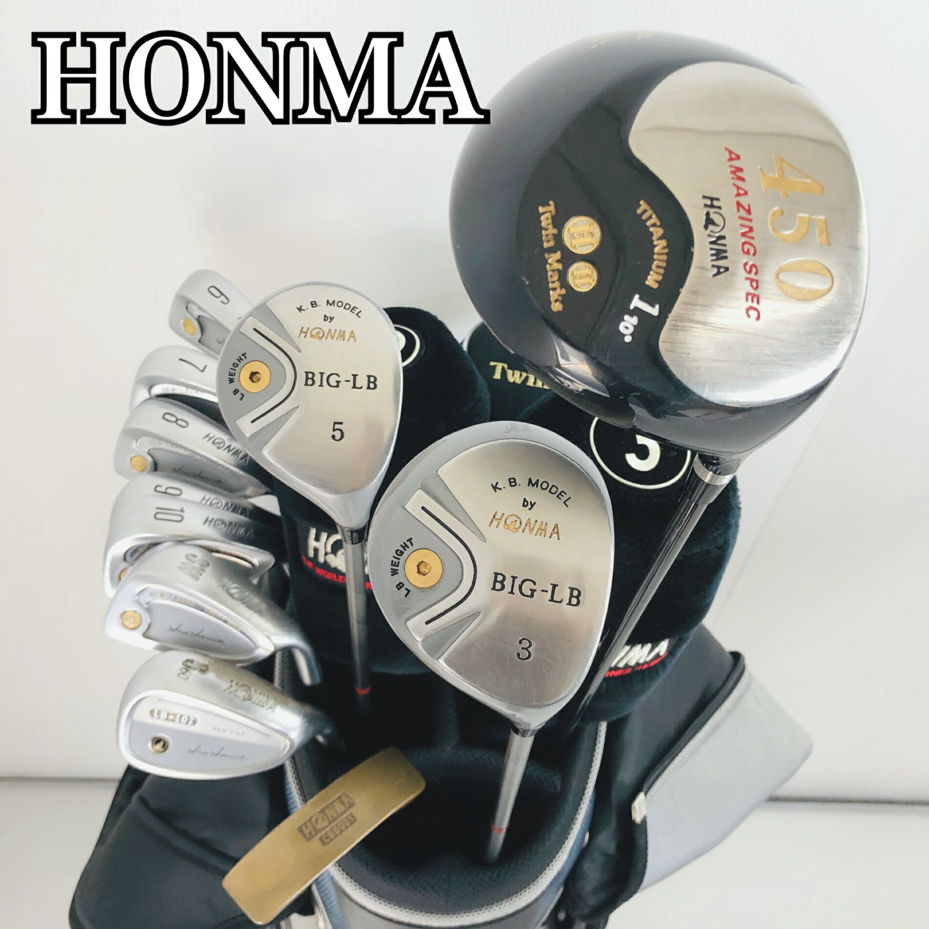 クラブはクリーニング済 初心者向けセット パター付き ●メーカー HONMA ホンマ ●モデル Twin Marke 450 ツインマークス　 (1W→3星 3S) BIG-LB NEW-LB280 LB-102 CB8001 番手：1W、3W、5W、6〜10i、SW、S60°、PT 計11本 硬さ/フレックス:R 性別:男性メンズ 利き腕：右利き ・キャディバッグ メーカー: HONMA ホンマ カートタイプ ショルダーにほつれ、汚れがあり劣化しております。 中古品ですので劣化、傷汚れはこざいますが、まだまだお使いいただけます。 ヘッドカバー4つ付属 ※画像にある物が全てです。 ●状態 通常使用に伴うスレ傷はございますが、まだまだお使いいただけます。 グリップはそのままお使いいただけますがが気になるようでしたら交換してお使いください。 簡易クリーニング済み ※あくまでUsed品になりますので細かな傷、汚れはございます。画像にてご確認ください。 ★確認必須事項★ ※商品状態の感じ方には個人差がありますので、“中古品”という事をご理解いただき、神経質な方のご購入はご遠慮ください。 ※基本発送日は月、水、金曜日になります。 祝日等でイレギュラーが発生することもございます。 81Y-126