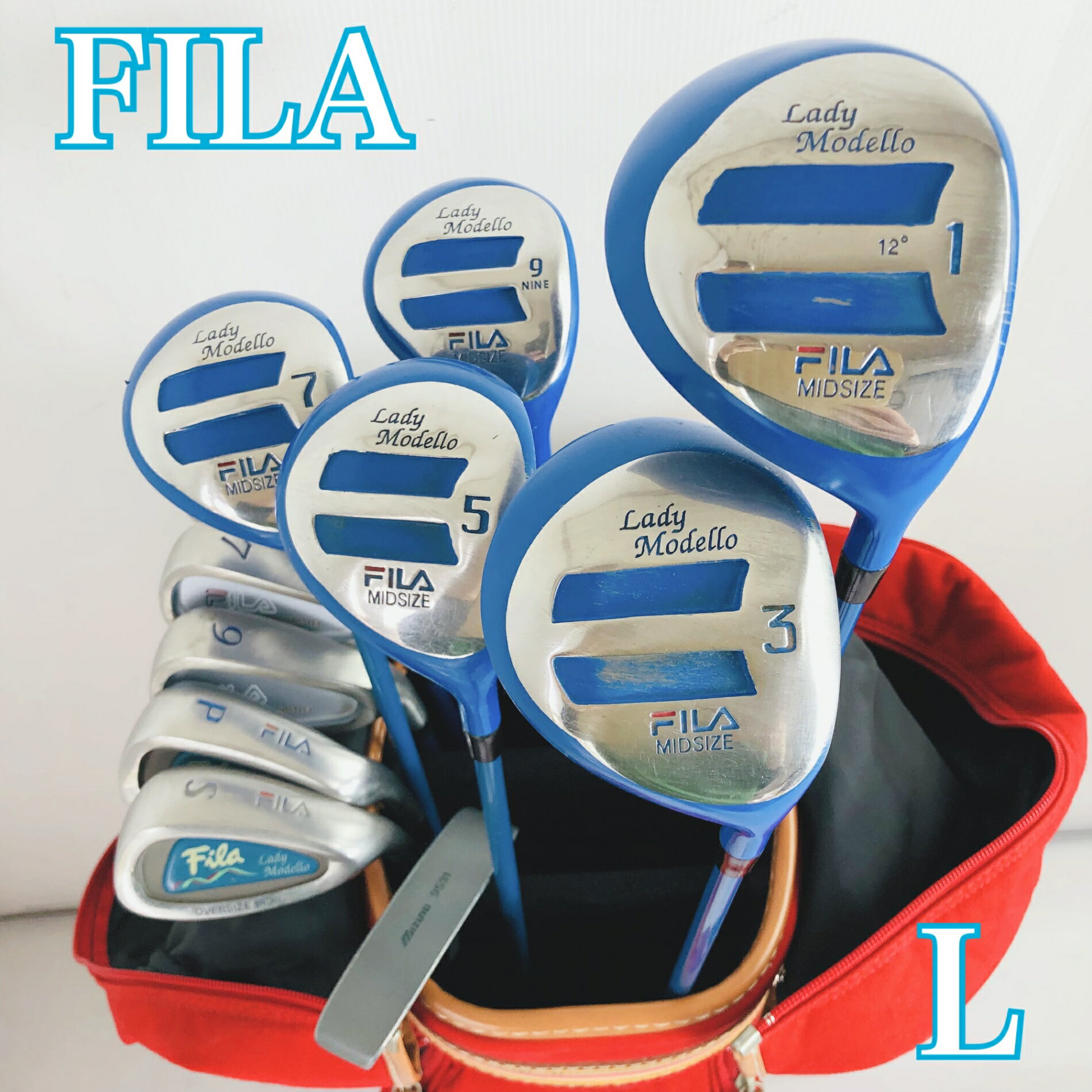 クラブはクリーニング済 レディース初心者向けセット パター付き ●メーカー FILA フィラ MIZUNO ミズノ ●モデル Lady Modello レディーモデロ WIDE AREA LOW GRAVITY ワイドエリアローグラビティ 9531 番手：1W、3W、5W、7W、9W、5.7.9I、PW、SW、PT 計11本 硬さ/フレックス:L 性別:女性 レディース 利き腕：右利き ・キャディバッグ メーカー: MunsingWear by JUNKO SHIMADA マンシングウェア バイ ジュンコシマダ カートタイプ フードにひっかけキズ穴がございます。(写真10枚目) 中古品ですので傷汚れはこざいますが、まだまだお使いいただけます。 ※画像にある物が全てです。 ●状態 通常使用に伴うスレ傷はございますが、まだまだお使いいただけます。 グリップはそのままお使いいただけますがが気になるようでしたら交換してお使いください。 簡易クリーニング済み ※あくまでUsed品になりますので細かな傷、汚れはございます。画像にてご確認ください。 ★確認必須事項★ ※商品状態の感じ方には個人差がありますので、“中古品”という事をご理解いただき、神経質な方のご購入はご遠慮ください。 ※基本発送日は月、水、金曜日になります。 祝日等でイレギュラーが発生することもございます。 83Y-42-00001