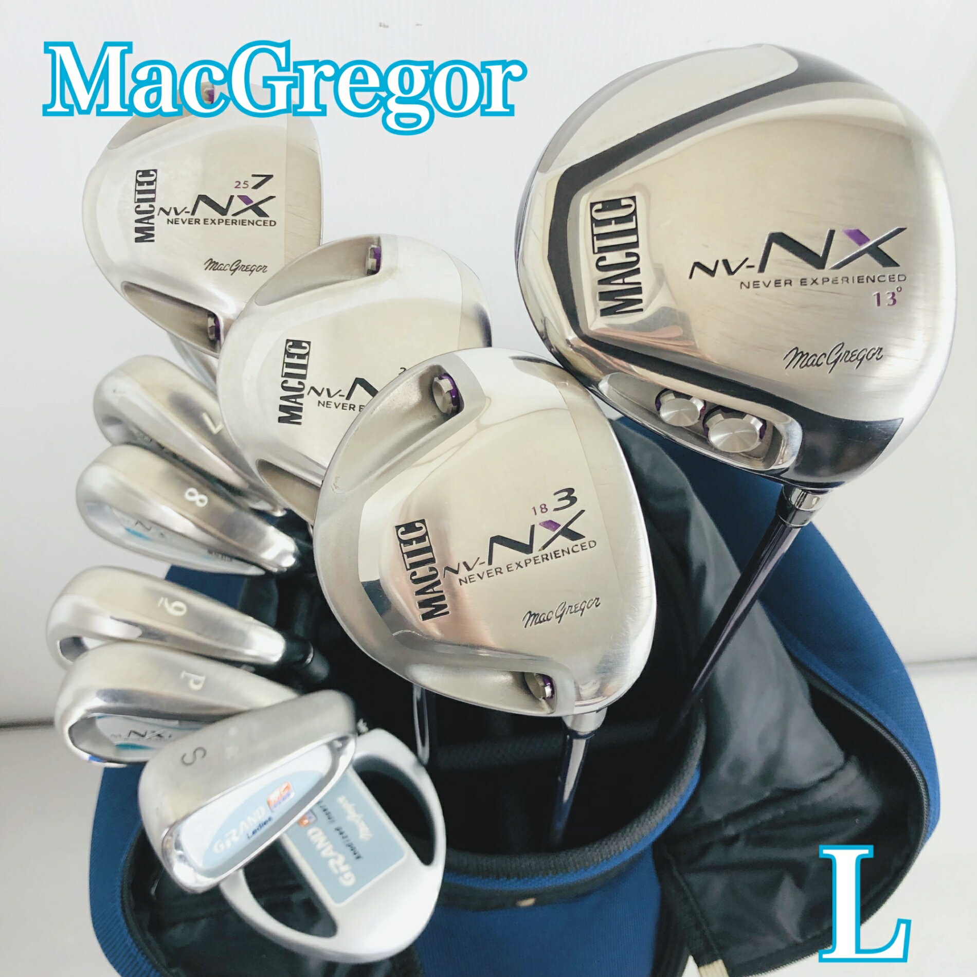 クラブはクリーニング済 レディース初心者向けセット パター付き ●メーカー MacGregor マグレガー ●モデル MACTEC マックテック NV-NX GRAND MC PLUSグランド エムシープラス 番手：1W、3W、5W、7W、6〜9I、PW、SW、PT 計11本 硬さ/フレックス:L 性別:女性 レディース 利き腕：右利き ・キャディバッグ メーカー: VERITY ベリティ カートタイプ フードにひっかけキズ穴がございます。 中古品ですので傷汚れはこざいますが、まだまだお使いいただけます。 ヘッドカバー5つ付属 劣化しております。 ※画像にある物が全てです。 ●状態 通常使用に伴うスレ、傷はございますが、まだまだお使いいただけます。 グリップはそのままお使いいただけますがが気になるようでしたら交換してお使いください。 簡易クリーニング済み ※あくまでUsed品になりますので細かな傷、汚れはございます。画像にてご確認ください。 ★確認必須事項★ ※商品状態の感じ方には個人差がありますので、“中古品”という事をご理解いただき、神経質な方のご購入はご遠慮ください。 ※基本発送日は月、水、金曜日になります。 祝日等でイレギュラーが発生することもございます。 83Y-64-00001