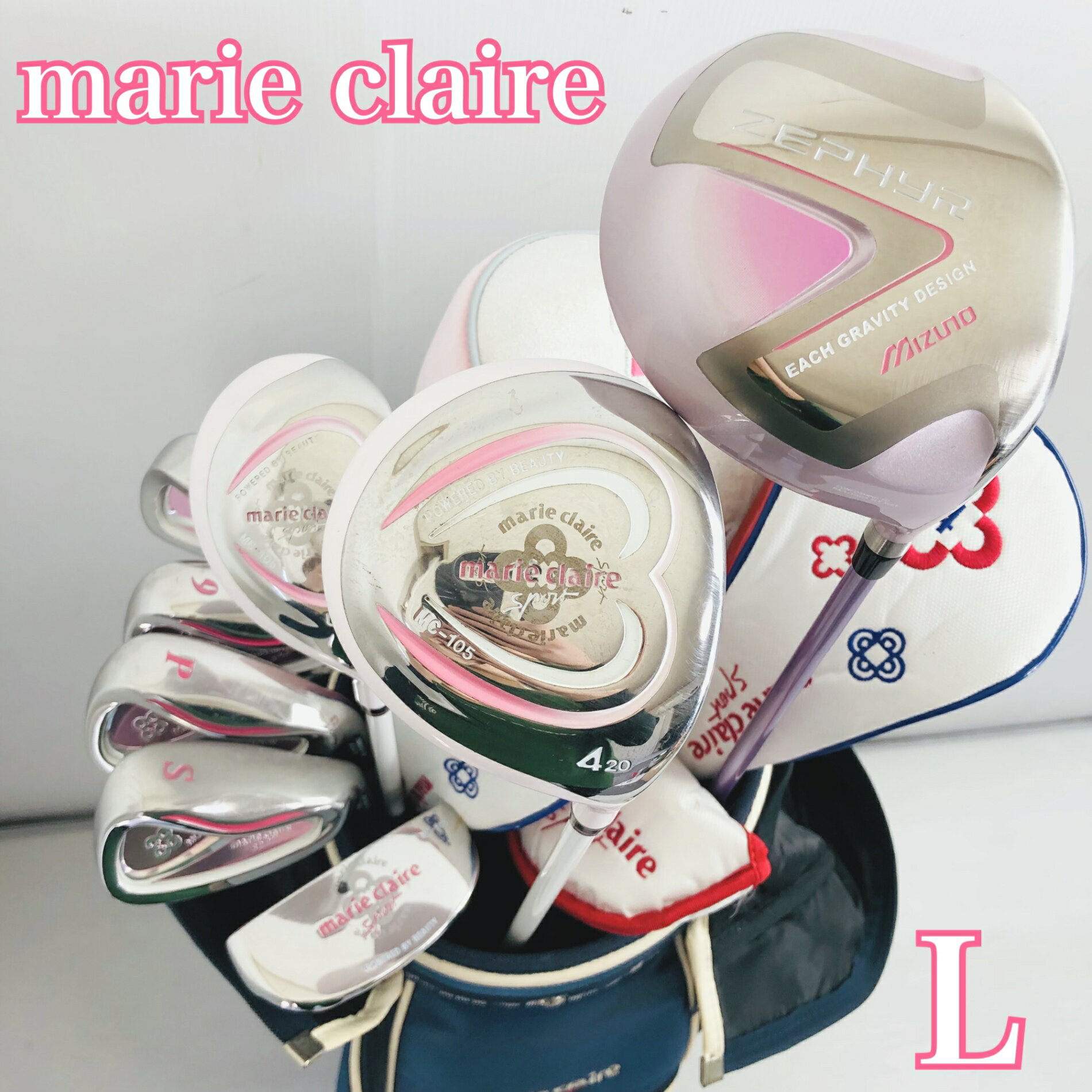 クラブはクリーニング済 レディース初心者向けセット パター付き ●メーカー MIZUNO ミズノ marie claire マリクレール ●モデル ZEPHYR ゼファー MC-105 番手：1W、4W、5UT、7.9I、PW、SW、PT 計8本 硬さ/フレックス:L 性別:女性 レディース 利き腕：右利き ・キャディバッグ メーカー: マリクレール カートタイプ フードにひっかけキズ穴がございます。 中古品ですので合皮の劣化、傷汚れはこざいますが、まだまだお使いいただけます。 ヘッドカバー4つ付属 ※画像にある物が全てです。 ●状態 通常使用に伴うスレ、傷はございますが、まだまだお使いいただけます。 グリップはそのままお使いいただけますがが気になるようでしたら交換してお使いください。 簡易クリーニング済み ※あくまでUsed品になりますので傷、汚れはございます。画像にてご確認ください。 ★確認必須事項★ ※商品状態の感じ方には個人差がありますので、“中古品”という事をご理解いただき、神経質な方のご購入はご遠慮ください。 ※基本発送日は月、水、金曜日になります。 祝日等でイレギュラーが発生することもございます。 83Y-75-00001