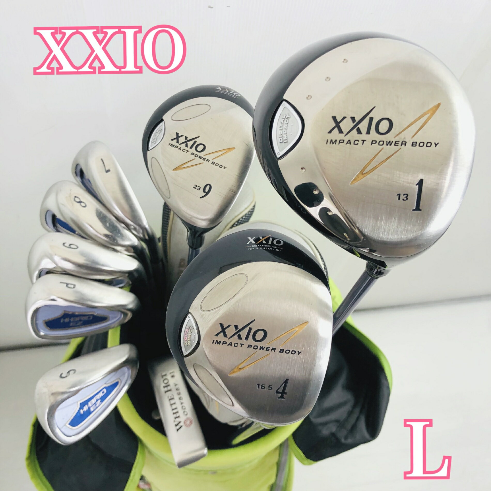 クラブはクリーニング済 レディース初心者向けセット パター付き ●メーカー DUNLOP ダンロップ ODYSSEY オデッセイ ●モデル XXIO3 ゼクシオ3 MP300 HI-BRID EZ ハイブリッド WHITE HOT ♯1 ホワイトホット 番手：1W、4W、9W、7.8.9I、PW、SW、PT 計9本 硬さ/フレックス:L 性別:女性 レディース 利き腕：右利き ・キャディバッグ メーカー: ONOFF オノフ カートタイプ 中古品ですので、色褪せ、傷汚れはこざいますが、まだまだお使いいただけます。 ヘッドカバー3つ付属 劣化しております。 ※画像にある物が全てです。 ●状態 通常使用に伴うスレ、傷はございますが、まだまだお使いいただけます。 グリップはそのままお使いいただけますがが気になるようでしたら交換してお使いください。 ※あくまでUsed品になりますので傷、汚れはございます。画像にてご確認ください。 簡易クリーニング済み ★確認必須事項★ ※商品状態の感じ方には個人差がありますので、“中古品”という事をご理解いただき、神経質な方のご購入はご遠慮ください。 ※基本発送日は月、水、金曜日になります。 祝日等でイレギュラーが発生することもございます。 83Y-83-00001
