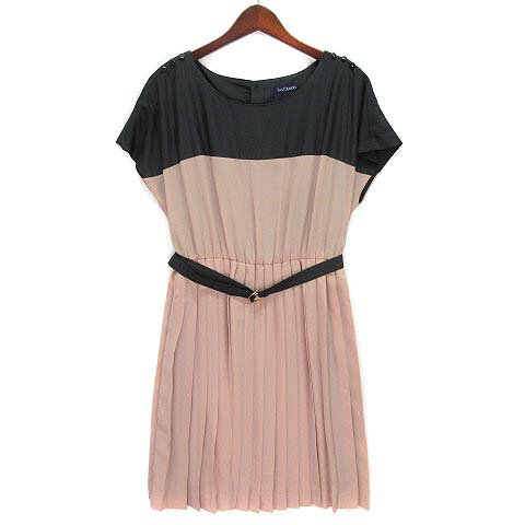 【中古】ロイスクレヨン Lois CRAYON フレンチスリーブ ワンピース 膝丈 プリーツ ベルト付き バイカラー ピンクベージュ ブラック M レディース 【ベクトル 古着】 230420