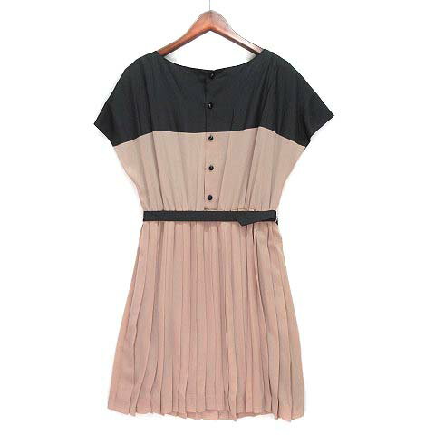 【中古】ロイスクレヨン Lois CRAYON フレンチスリーブ ワンピース 膝丈 プリーツ ベルト付き バイカラー ピンクベージュ ブラック M レディース 【ベクトル 古着】 230420