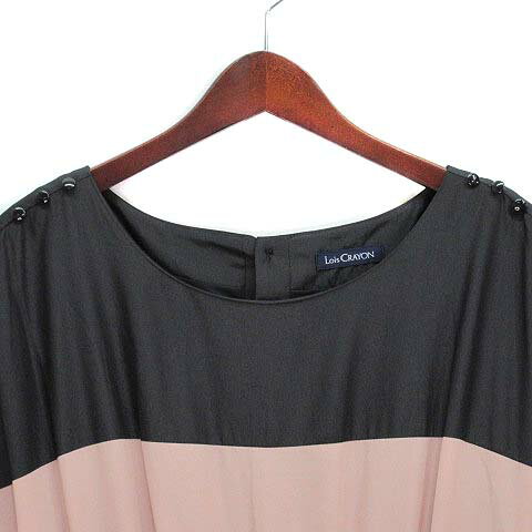 【中古】ロイスクレヨン Lois CRAYON フレンチスリーブ ワンピース 膝丈 プリーツ ベルト付き バイカラー ピンクベージュ ブラック M レディース 【ベクトル 古着】 230420