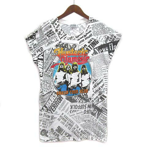 【中古】ヒステリックグラマー HYSTERIC GLAMOUR SMASH YOUR HEAD Tシャツ カットソー ニュースペーパー 総柄 フレンチスリーブ ホワイト 白 F 01171CT06 レディース 【ベクトル 古着】 230725