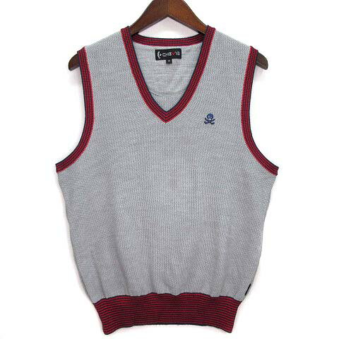 【中古】キャロウェイ CALLAWAY CHEV18 ウール ニット ベスト Vネック スカル刺繍 グレー M ゴルフ レディース 【ベクトル 古着】 230822