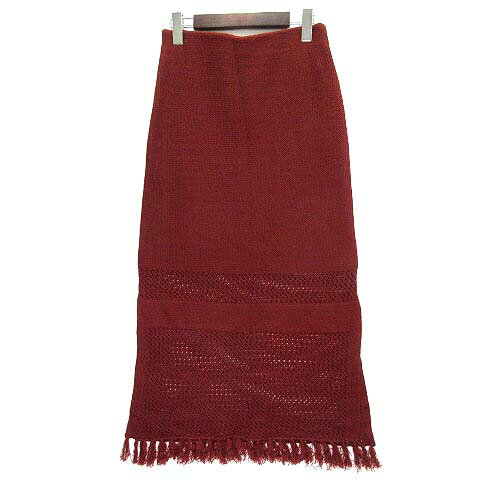 【中古】未使用品 メルロー merlot フリンジ ニット ロング タイト スカート ウエストゴム ブリック レ..
