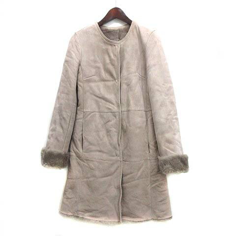 【中古】Hisun ITALY Fashion ノーカラー ムートンコート ロング 羊革 グレー XS レディース 【ベクトル 古着】 231127