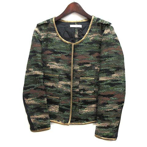 【中古】ジュヌヴィエーヴ JENEVIEVE 迷彩 カモフラ ジャガード ノーカラー ジャケット カーキグリーン マルチカラー 1 レディース 【ベクトル 古着】 231219