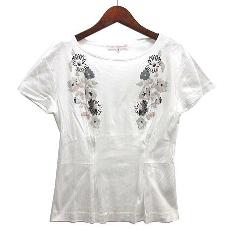 【中古】ハナエモリ HANAE MORI アルマアンローズ ALMA en ROSE ボートネック Tシャツ カットソー フラワー 花柄 タック 半袖 ホワイト 白 38 レディース 【ベクトル 古着】 240828