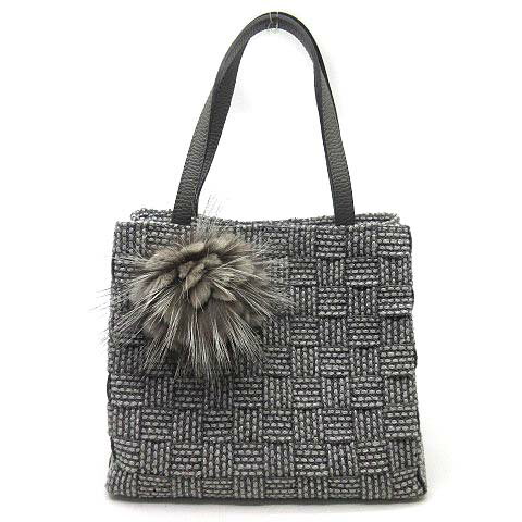 【中古】アルマトヌッティ ALMA TONUTTI ファー付き ピッコロバッグ 編み込み レザーハンドル グレー ..