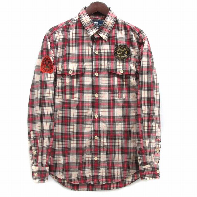 【中古】ポロ バイ ラルフローレン Polo by Ralph Lauren タータンチェック シャツ 長袖 ワッペン カスタムフィット レッド M ☆AA★ メンズ 【ベクトル 古着】 240926