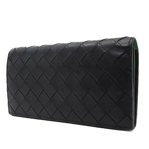 【中古】ボッテガヴェネタ BOTTEGA VENETA イントレチャート 二つ折り 長財布 レザー 591365 黒 ブラック グリーン メンズ レディース 【ベクトル 古着】 250522