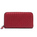 【中古】ボッテガヴェネタ BOTTEGA VENETA イントレチャート ラウンドファスナー 長財布 ラムスキン レザー レッド 赤 美品 レディース 【ベクトル 古着】 250702