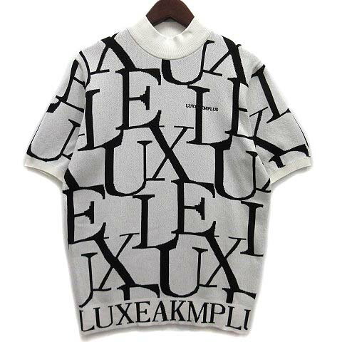 【中古】リュクスエイケイエムプラス LUXEAKMPLUS 総柄 ロゴ 半袖 モックネック ニット セーター ホワ..