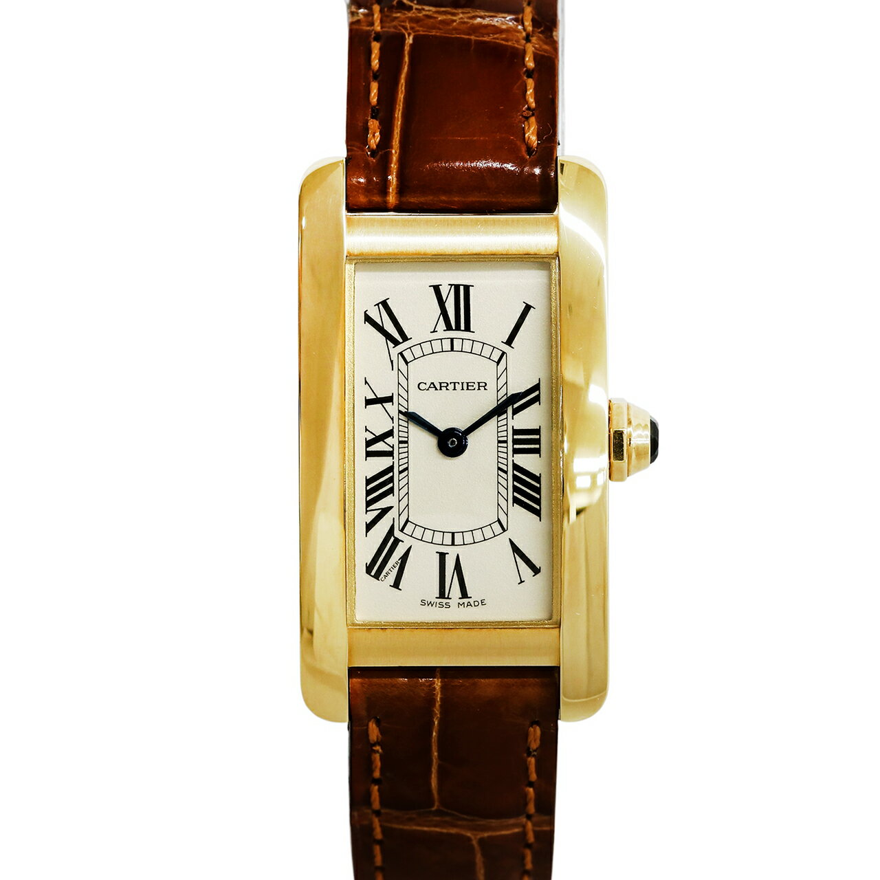 Tank American - 半年間保証 Cartier カルティエ 750 K18 YG タンクアメリカン SM W2601556 白文字盤 ブラウン 革ベルト クォーツ 腕時計 時計 おしゃれ ブランド ブランド時計 レディース 母の日 誕生日 プレゼント 送料無料 【中古】