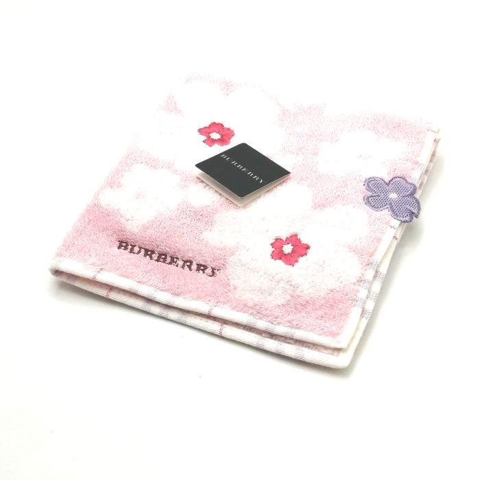 当店でのお買物でSPUトータルP10倍～メール便対応OK【売れ筋】【未使用ハンカチ】BURBERRYバーバリータオルハンカチ【ピンク系】
