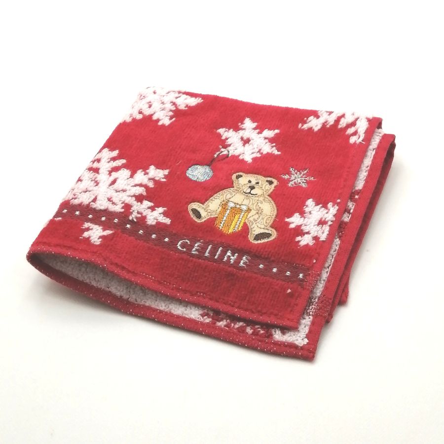 月末も当店でお買い物♪全品P10倍メール便対応OK【売れ筋】　【未使用ハンカチ】CELINEセリーヌタオルハンカチ【レッド系】