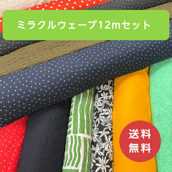 ◆ミラクルウェーブ生地12mセット◆ 送料無料 生地 素材 手芸 手作り ハンドメイド　ハギレ 子供服 大人服 布小物 綿 コットン インテリア カーテン レッスンバッグ 福箱 ハッピーバッグ HAPPYBAG お楽しみ袋 大容量 入園 入学 人気商品のミラクルウェーブ生地がお得に！！ 数量限定！売り切れ次第終了です！ミラクルウェーブ生地の詰め合わせ！4点合計約12m入るお得なセットです。定価16000円〜18000円相当！ミラクルウェーブ生地　4枚（約12m）【内容はおまかせください】生地幅：100cm～120cm混率：綿100%ミラクルウェーブ生地は？綿100％の天然素材に、持続性のあるナチュラルな凹凸とシワを表現する特殊加工「ミラクルウェーブ」を施した、清涼感のある素材です。軽やかでやわらかな風合いに仕上げており、生地表面の凹凸が肌との接触を減らすことで、さらっとした肌離れの良さを感じていただけます。見た目にもナチュラルな表情があり、着用時や洗濯後のシワが気になりにくいのも特長です。ご家庭でのお洗濯が可能な、扱いやすく涼やかなイージーケア素材です。一点一点異なるシワの出方も、素材ならではの個性としてお楽しみください。※2個以上ご購入可能ですが色柄ともかぶりが多くなります。※商品画像について、できるだけ実際の色に近づけて掲載させていただいておりますが、ご使用のPC環境によって色の見え方が違って見える可能性があります。※楽天市場に掲載していない生地は入る可能性があります。※写真に載っていない生地が入る可能性があります。※生地のご希望を承ることはできません。※こだわりのある方、特定の生地を希望の方はこちらのセットは絶対に買わないでください！！ 5