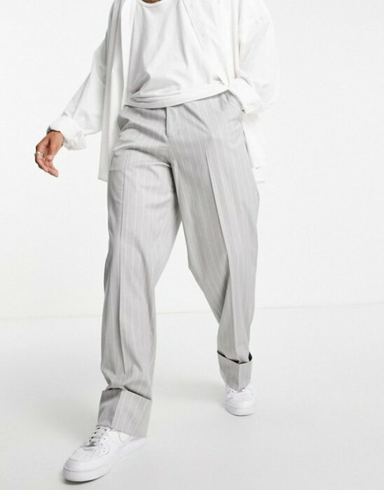 エイソス メンズ カジュアルパンツ ボトムス ASOS DESIGN wide leg smart pant with deep turn up in gray heather pin stripe Grey