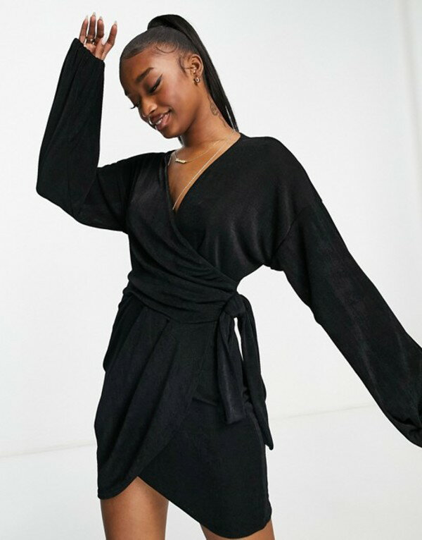 エイソス レディース ワンピース トップス ASOS DESIGN slinky wrap blouson sleeve dress in black Black