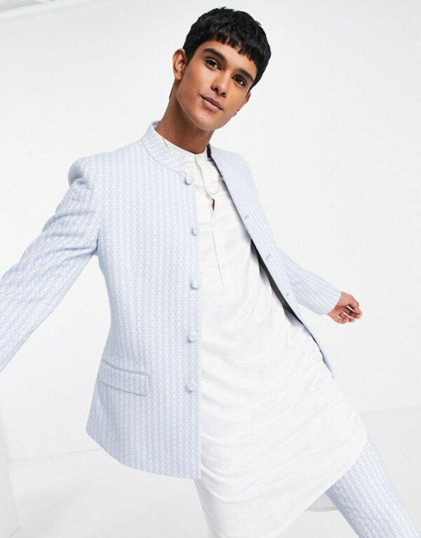 お得人気SALE エイソス Nehru wedding skinny suit jacket with mandarin collar in blue geo jacquard Blues：ReVida 店 メンズ ジャケット・ブルゾン アウター ASOS DESIGN 15%OFF