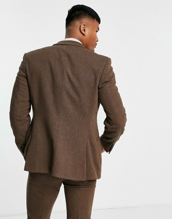 ですので エイソス DESIGN wedding skinny wool mix suit jacket in brown basketweave texture BROWN：ReVida 店 メンズ ジャケット・ブルゾン アウター ASOS ㊜アウターサ