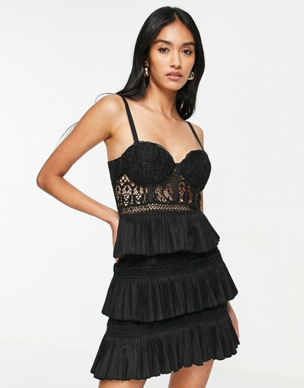 エイソス レディース ワンピース トップス ASOS DESIGN lace corset mini dress with tiered pleated skirt in black Black