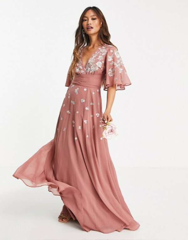 エイソス レディース ワンピース トップス ASOS DESIGN Bridesmaid flutter sleeve wrap waist maxi dress with tonal floral embroidery Pink