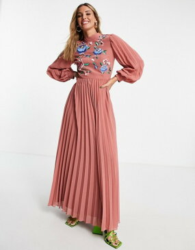 エイソス レディース ワンピース トップス ASOS DESIGN high neck pleated long sleeve skater maxi dress with embroidery in dusky pink Dusky pink