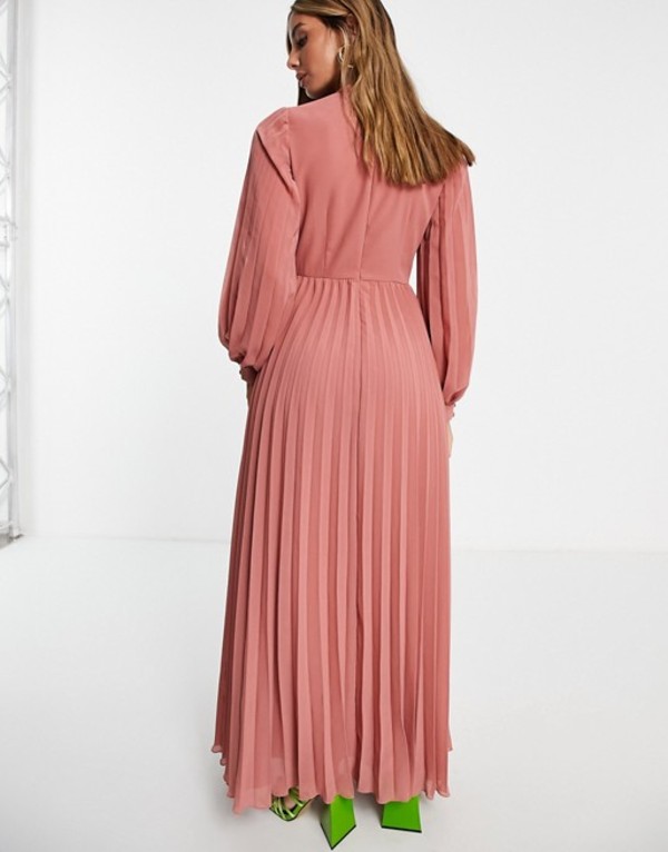 エイソス レディース ワンピース トップス ASOS DESIGN high neck pleated long sleeve skater maxi dress with embroidery in dusky pink Dusky pink
