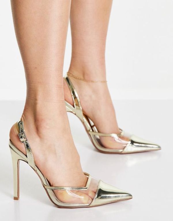 エイソス レディース ヒール シューズ ASOS DESIGN Peridot slingback high heeled shoes in clear and gold GOLD