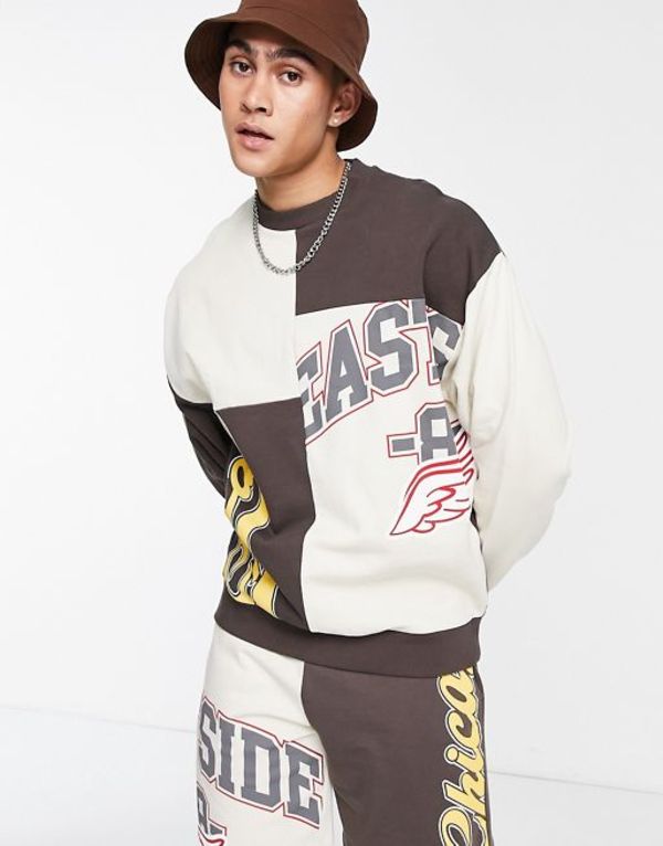 エイソス メンズ パーカー・スウェット アウター ASOS DESIGN splice print sweatshirt in brown and beige color block - part of a set CHOCOLATE BROWN