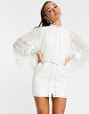 エイソス レディース ワンピース トップス ASOS DESIGN mini dress with pleated sleeve and guipure lace trim in white White