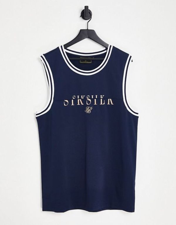 シックシルク メンズ タンクトップ トップス SikSilk division basketball jersey in navy with gold print Navy